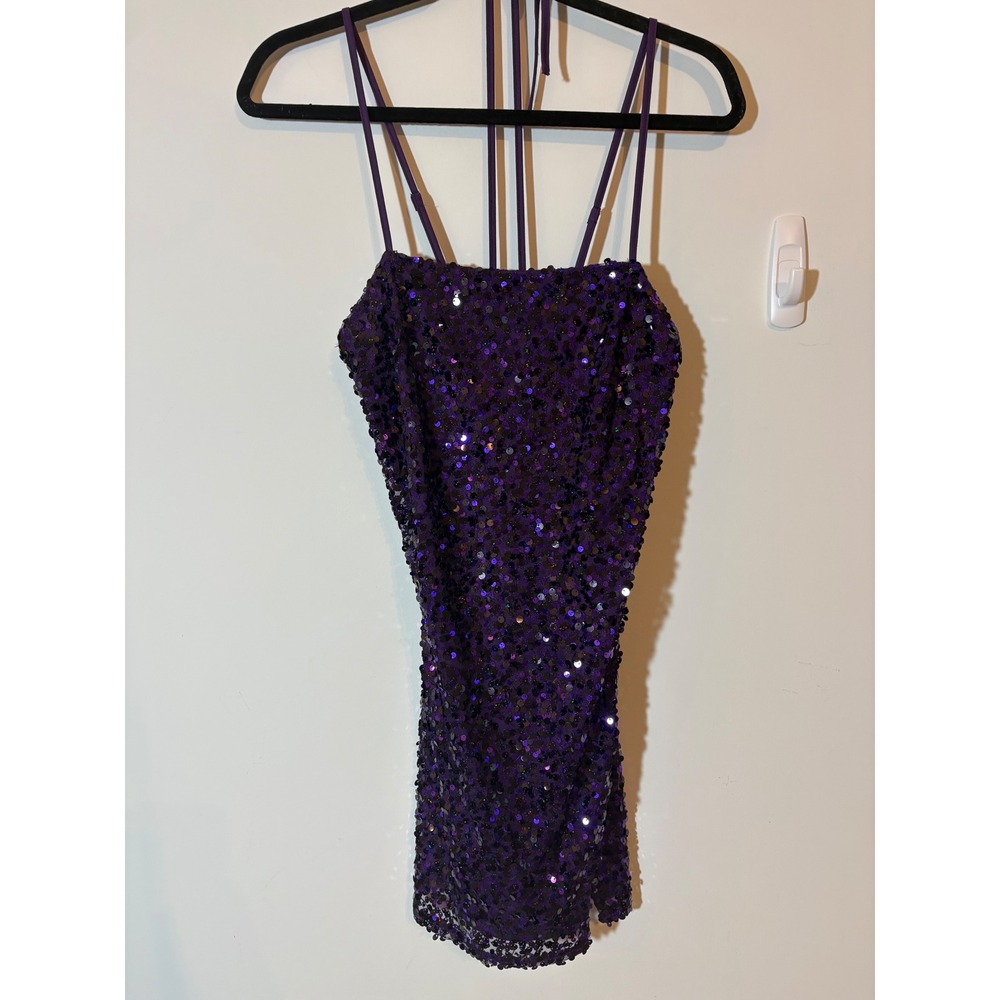 Purple Sequin Mini Dress Halter Multi Strap Bodycon Party Cocktail Homecoming